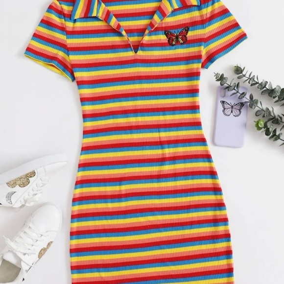 NWOT SHEIN EZwear Ribbed Rainbow Striped Butterfly Embroidery Dress 1X - Picture 1 of 10